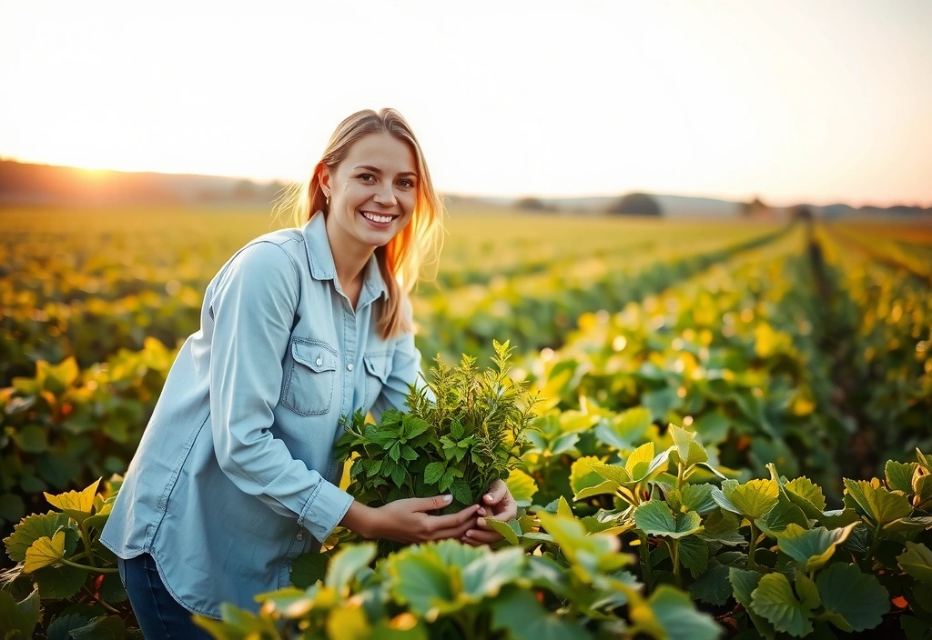 Femeie zâmbitoare culegând plante medicinale, simbolizând sănătatea naturală și bunăstarea