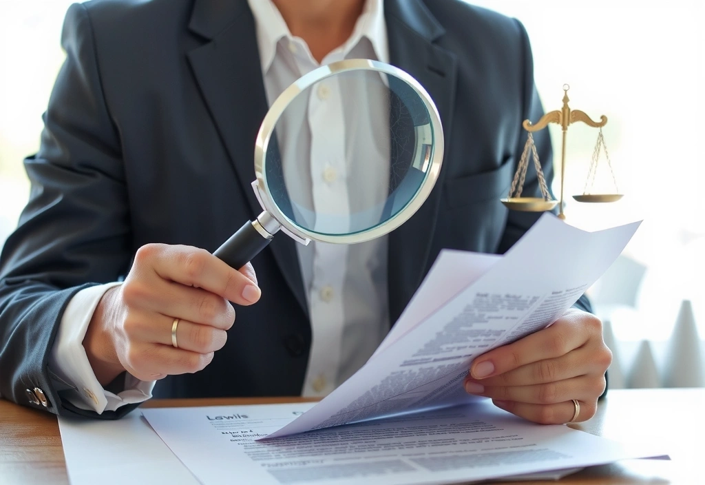 Persoană citind un document legal cu o lupă